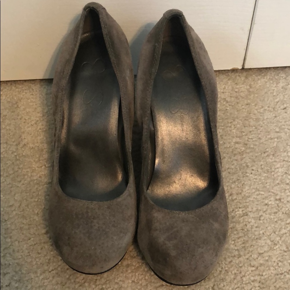 Gray suede wedge pumps